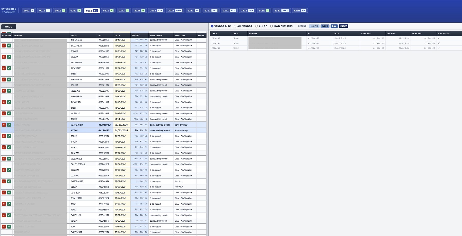 AP Analyzer duplicate invoice comparison screen